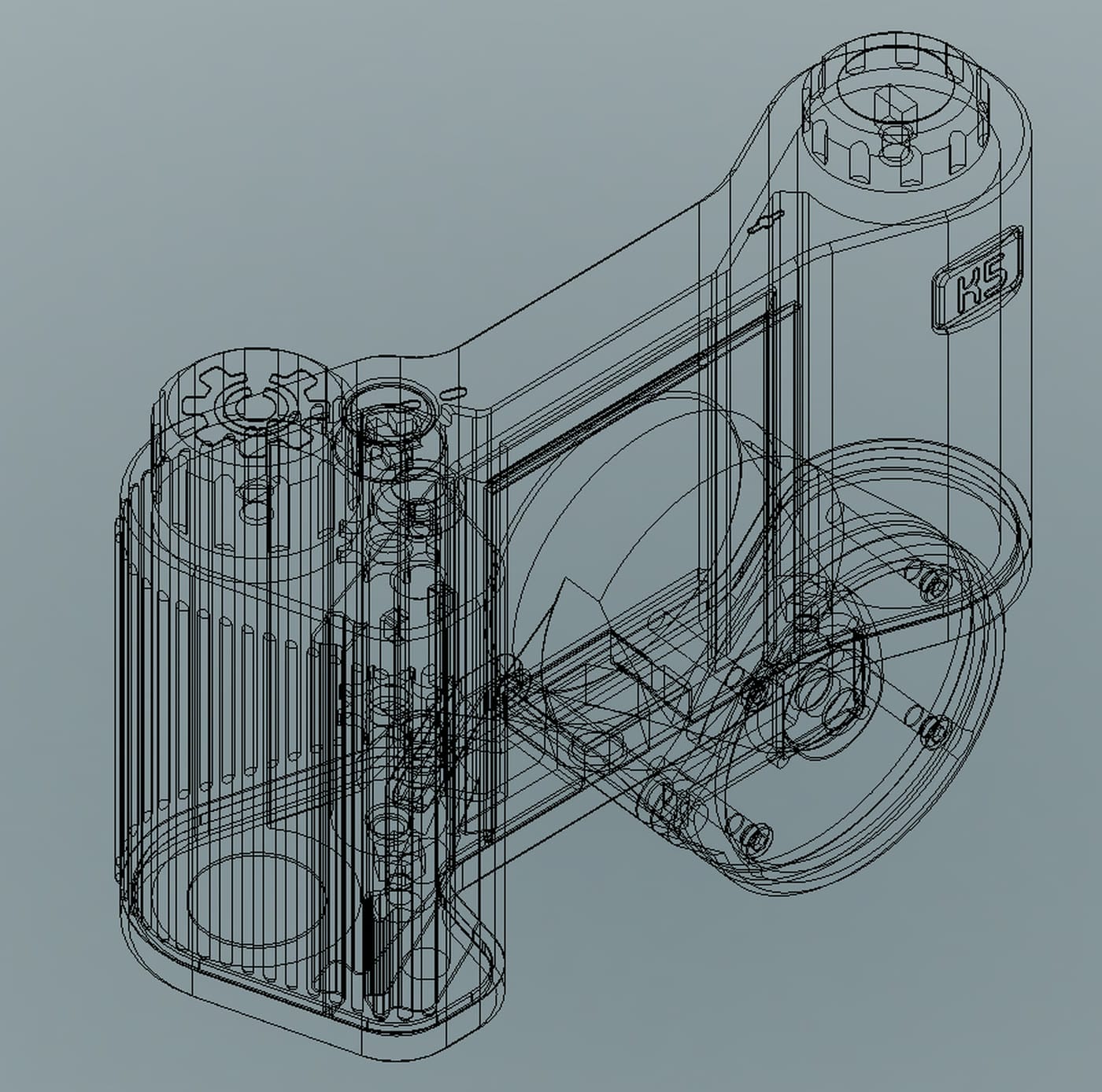 A wireframe view of the camera body in Fusion 360, showing the film chambers, the mount and the dials