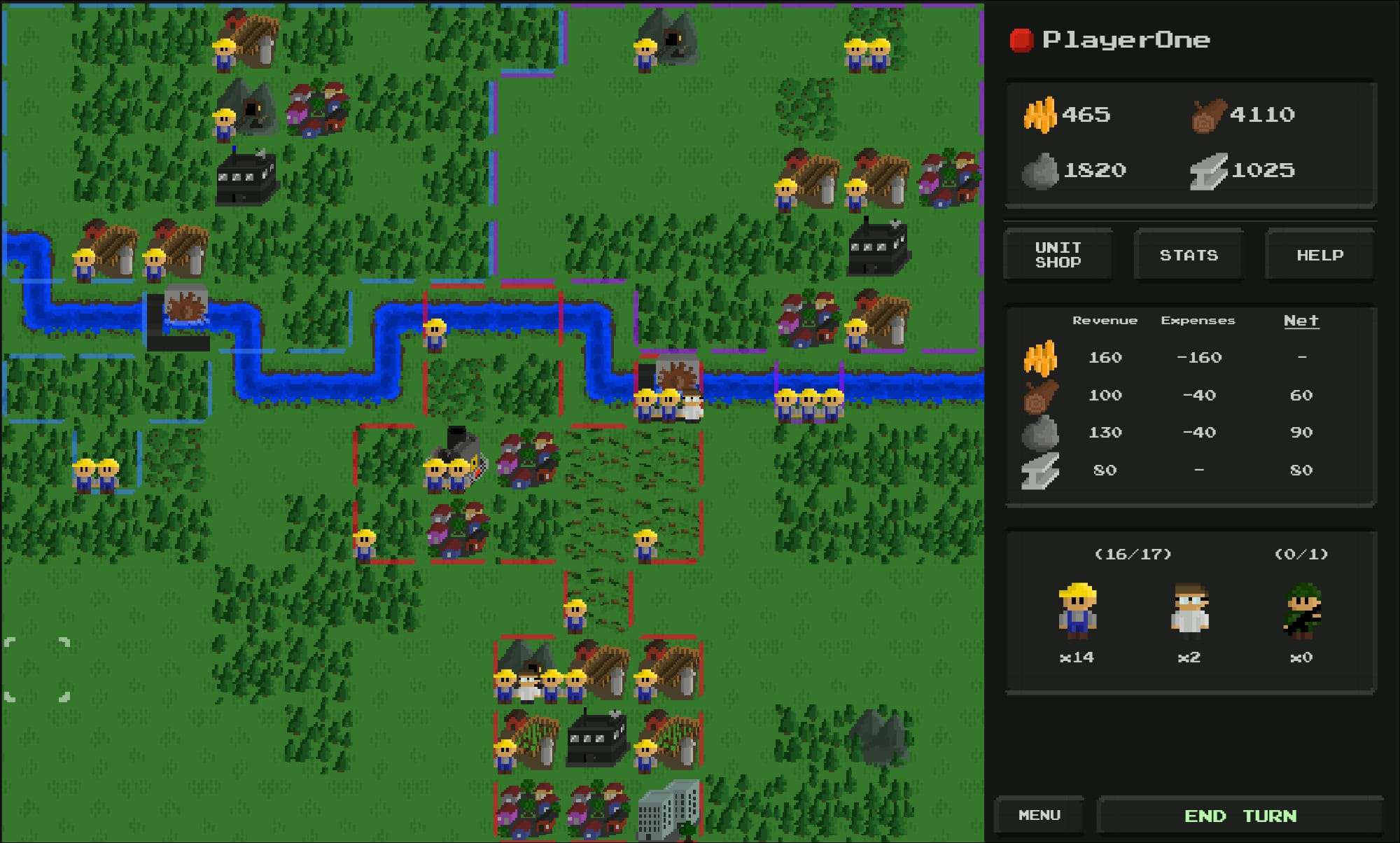 A pixel-art map of forests, rivers and farms with workers and buildings, and a dark side panel of resources and unit counts