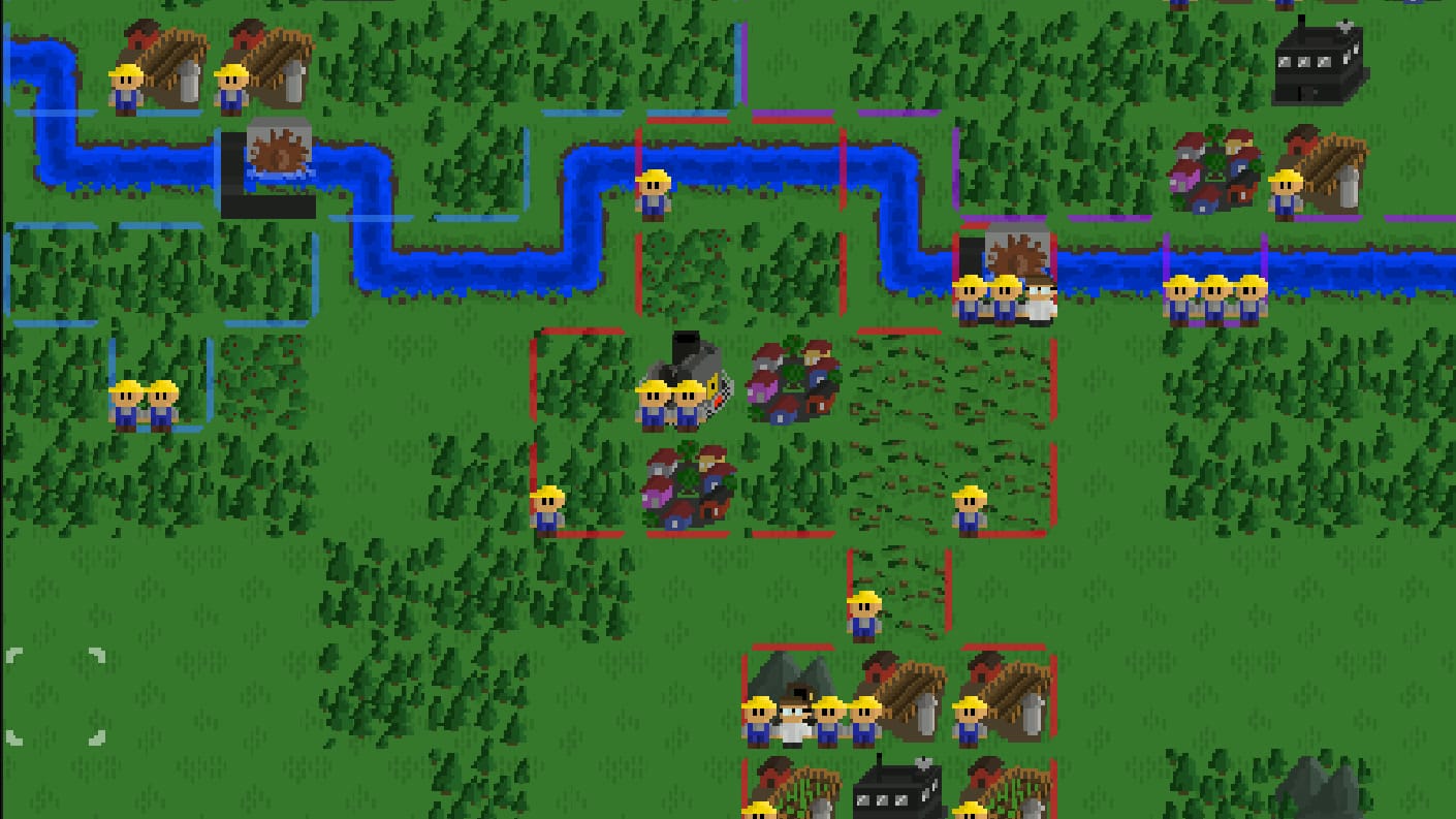 A pixel-art map of forests, rivers and farms with workers and buildings, and a dark side panel of resources and unit counts